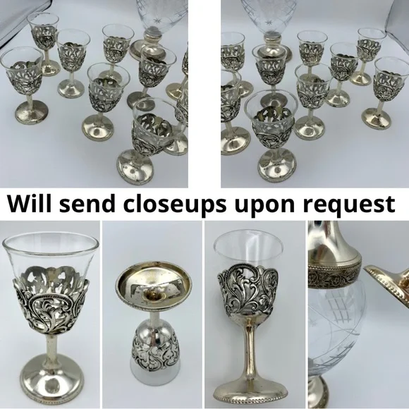 Vintage Italian Silver Plated Crystal Ewer Dragon Victorian Decanter, 12 Glasses - Picture 11 of 15